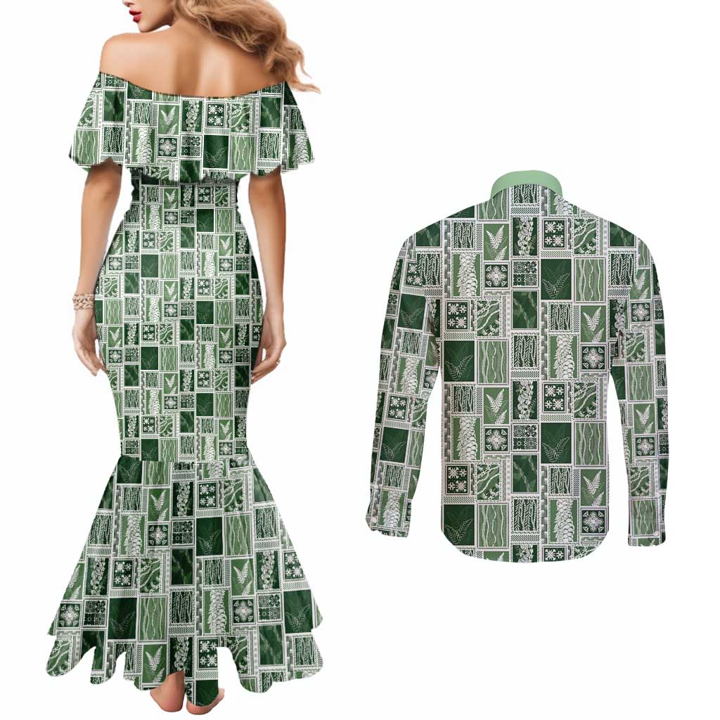Vintage Aloha Block Quilt Couples Matching Mermaid Dress and Long Sleeve Button Shirt Green Inspired Lei Motifs - Polynesian Pride