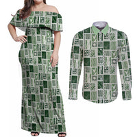 Vintage Aloha Block Quilt Couples Matching Off Shoulder Maxi Dress and Long Sleeve Button Shirt Green Inspired Lei Motifs - Polynesian Pride