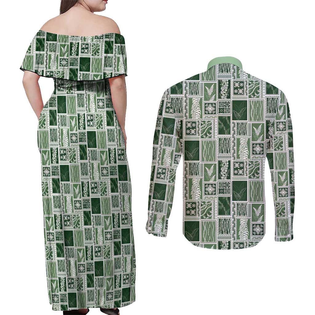 Vintage Aloha Block Quilt Couples Matching Off Shoulder Maxi Dress and Long Sleeve Button Shirt Green Inspired Lei Motifs - Polynesian Pride