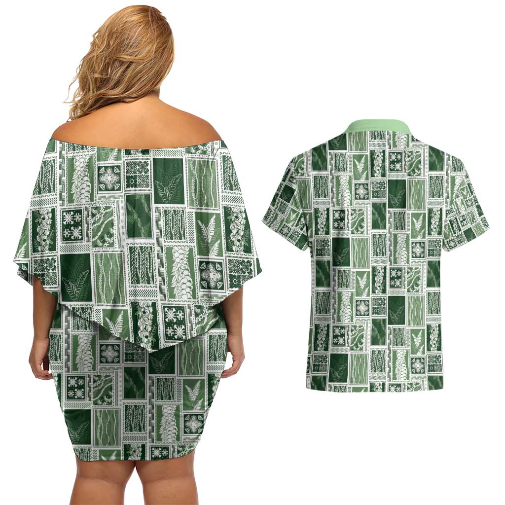 Vintage Aloha Block Quilt Couples Matching Off Shoulder Short Dress and Hawaiian Shirt Green Inspired Lei Motifs - Polynesian Pride
