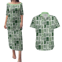 Vintage Aloha Block Quilt Couples Matching Puletasi and Hawaiian Shirt Green Inspired Lei Motifs - Polynesian Pride