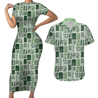 Vintage Aloha Block Quilt Couples Matching Short Sleeve Bodycon Dress and Hawaiian Shirt Green Inspired Lei Motifs - Polynesian Pride