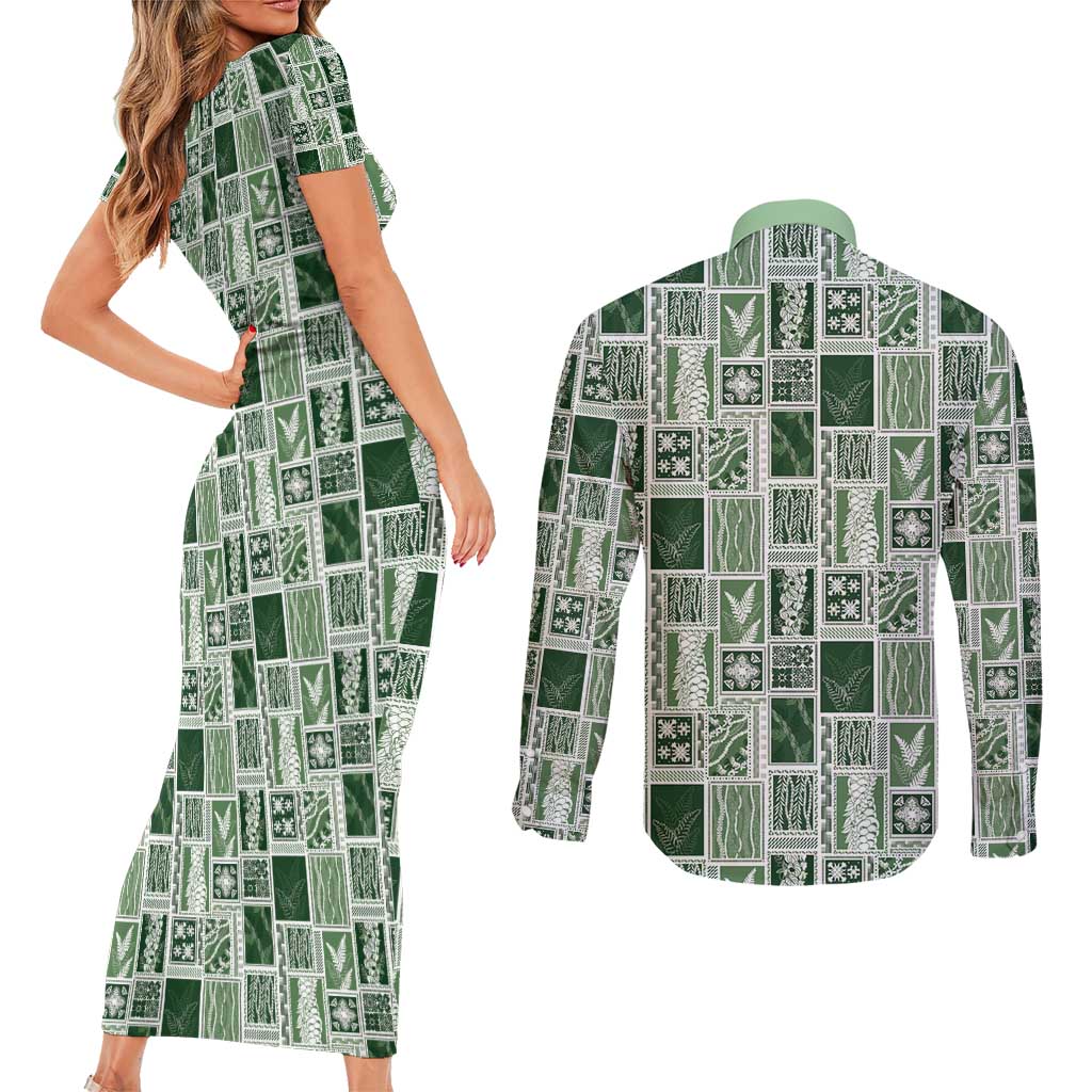 Vintage Aloha Block Quilt Couples Matching Short Sleeve Bodycon Dress and Long Sleeve Button Shirt Green Inspired Lei Motifs - Polynesian Pride