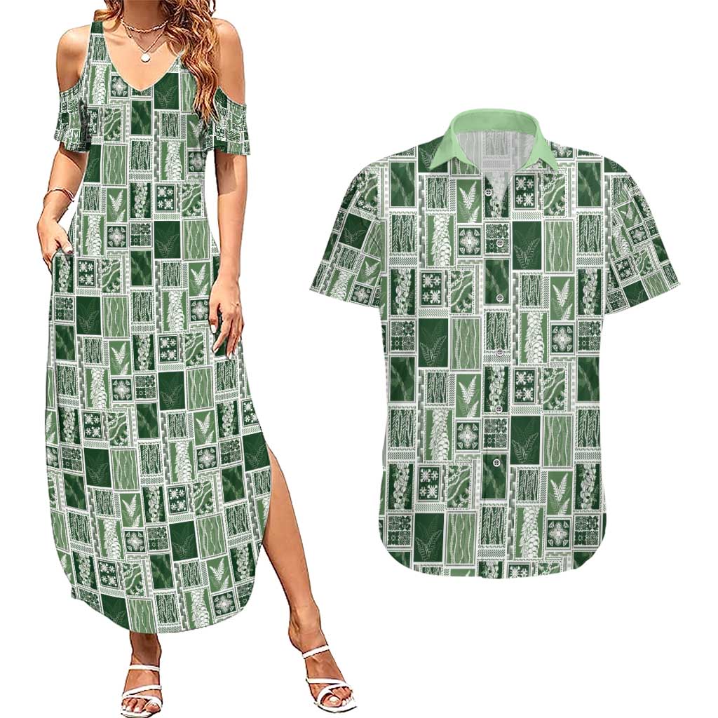 Vintage Aloha Block Quilt Couples Matching Summer Maxi Dress and Hawaiian Shirt Green Inspired Lei Motifs - Polynesian Pride