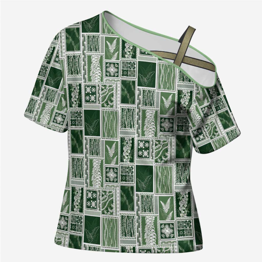 Vintage Aloha Block Quilt Cross Shoulder Shirt Green Inspired Lei Motifs - Polynesian Pride