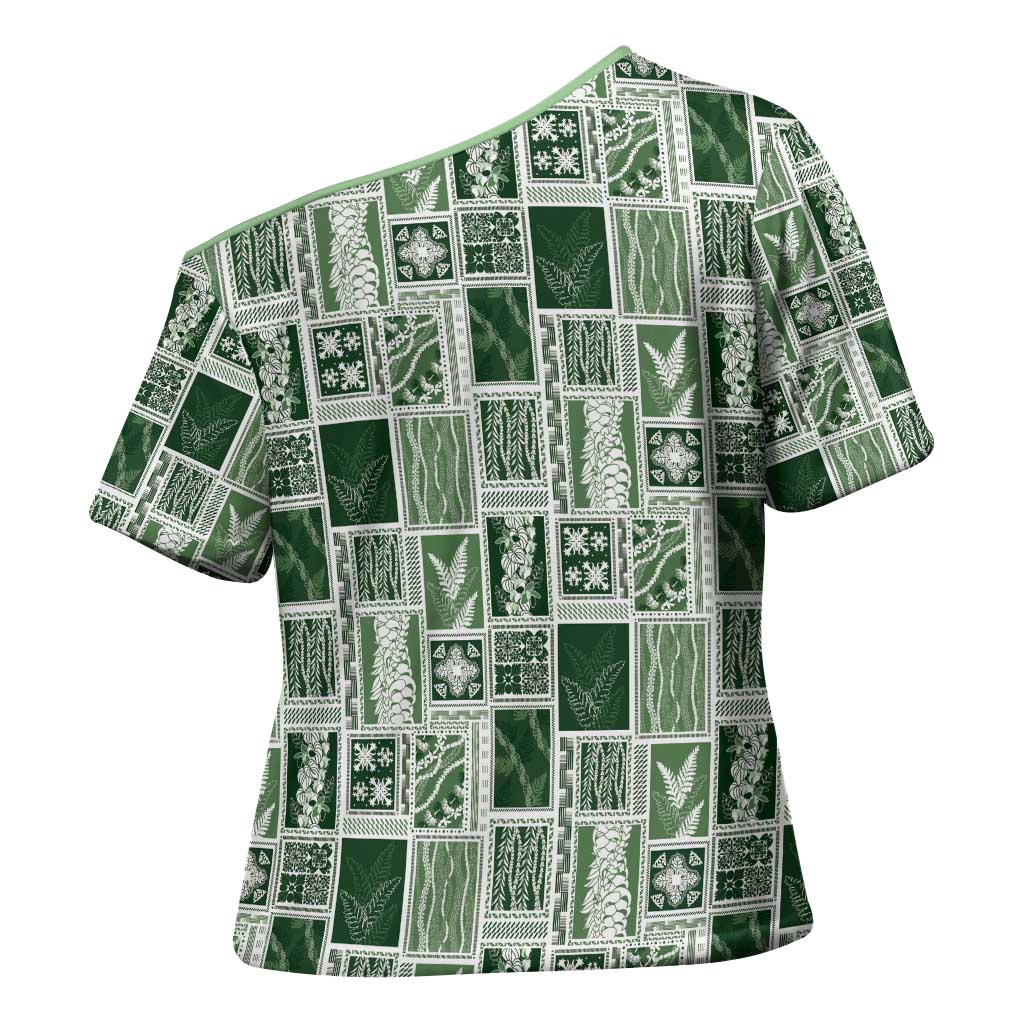 Vintage Aloha Block Quilt Cross Shoulder Shirt Green Inspired Lei Motifs - Polynesian Pride