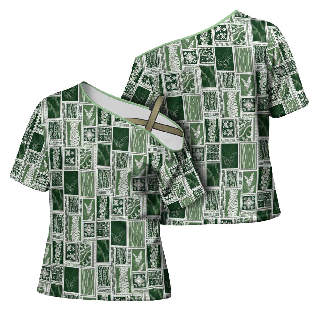 Vintage Aloha Block Quilt Cross Shoulder Shirt Green Inspired Lei Motifs - Polynesian Pride