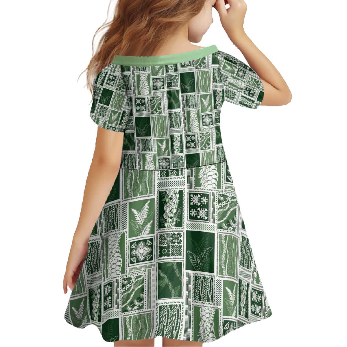 Vintage Aloha Block Quilt Family Matching Off The Shoulder Long Sleeve Dress and Hawaiian Shirt Green Inspired Lei Motifs - Polynesian Pride