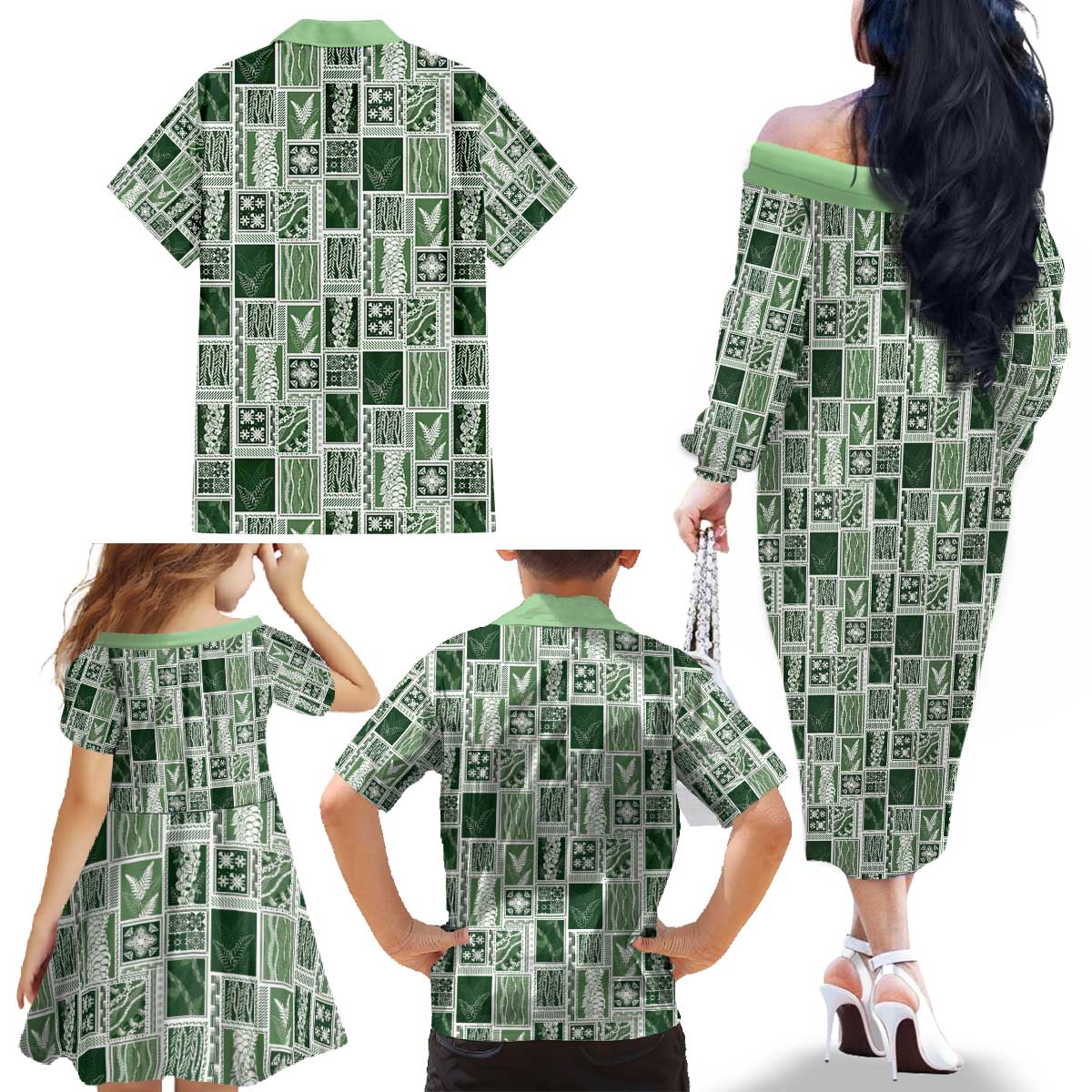 Vintage Aloha Block Quilt Family Matching Off The Shoulder Long Sleeve Dress and Hawaiian Shirt Green Inspired Lei Motifs - Polynesian Pride