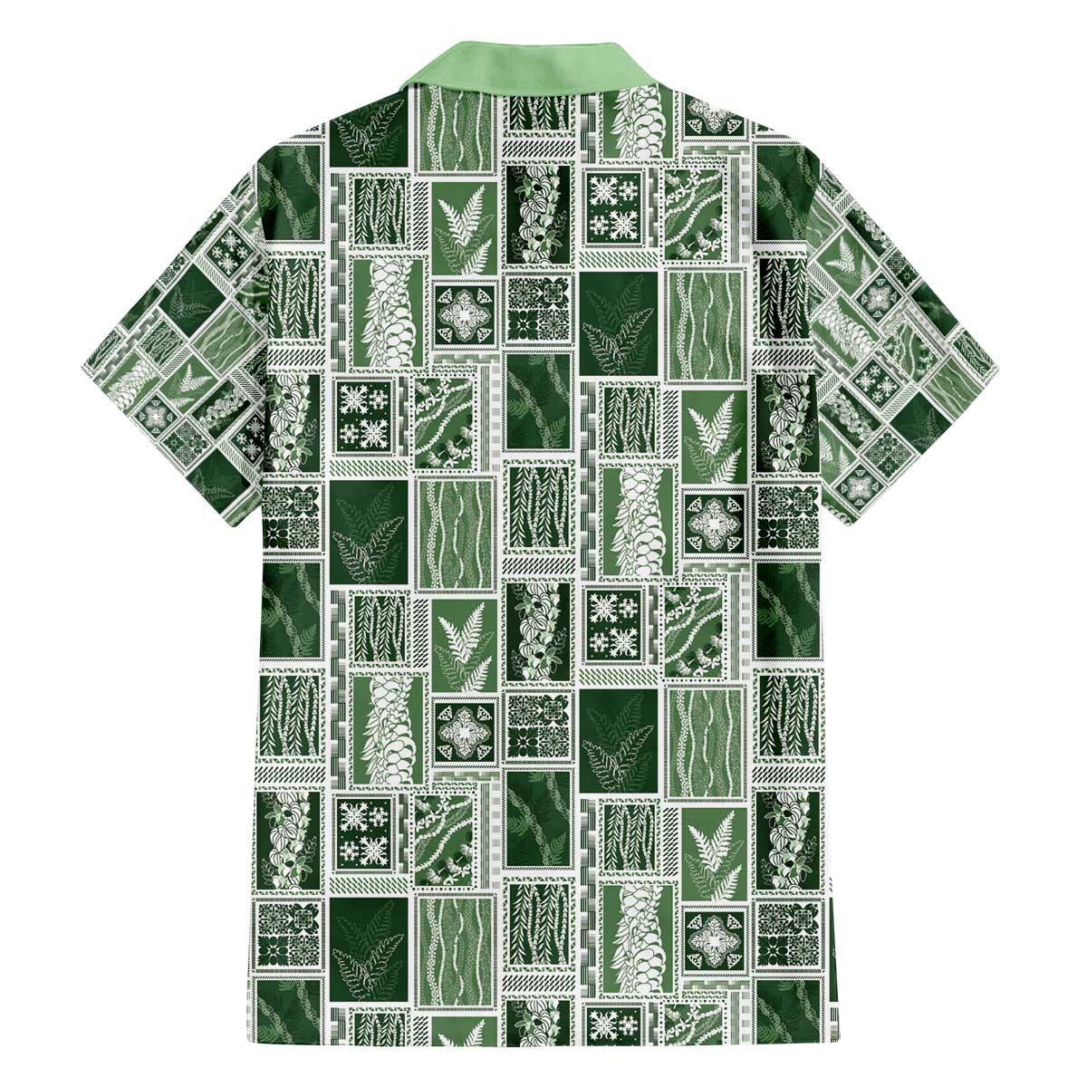 Vintage Aloha Block Quilt Family Matching Off The Shoulder Long Sleeve Dress and Hawaiian Shirt Green Inspired Lei Motifs - Polynesian Pride