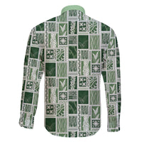 Vintage Aloha Block Quilt Family Matching Off The Shoulder Long Sleeve Dress and Hawaiian Shirt Green Inspired Lei Motifs - Polynesian Pride