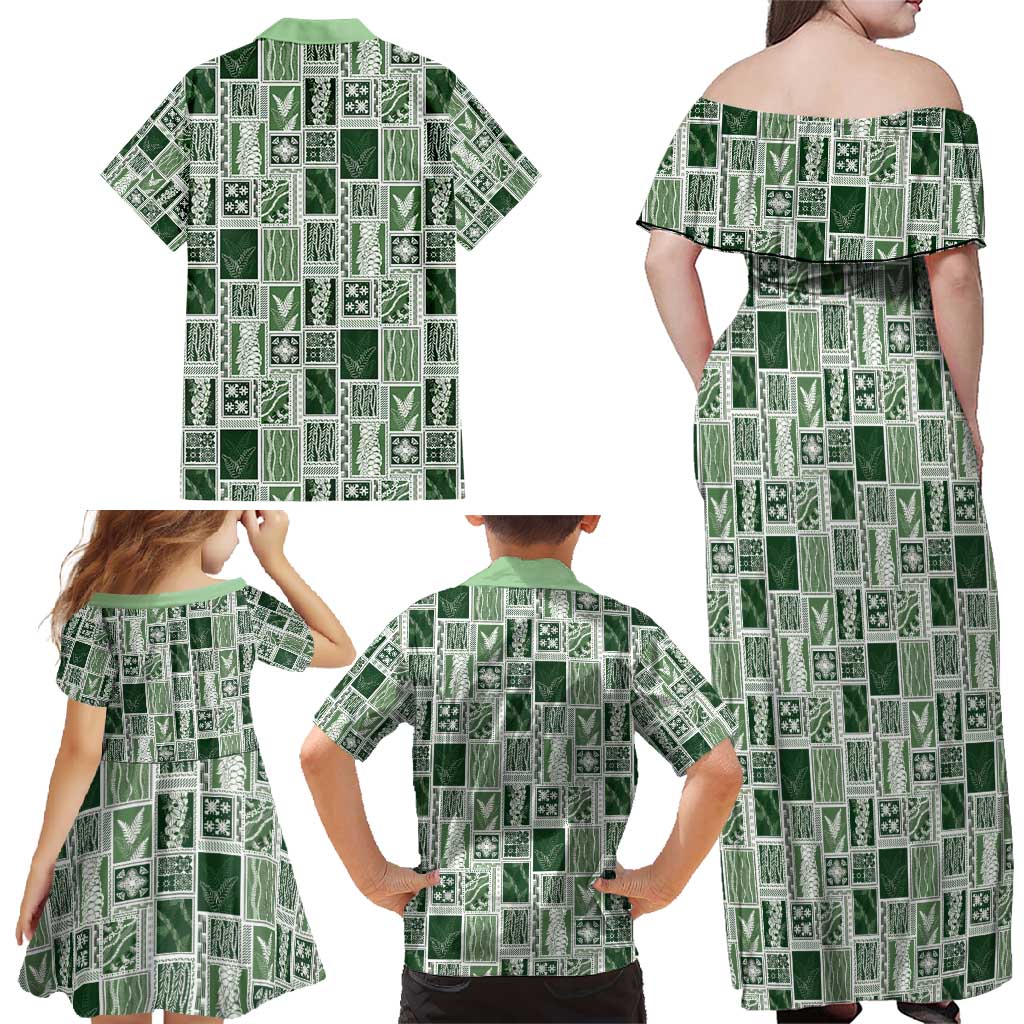 Vintage Aloha Block Quilt Family Matching Off Shoulder Maxi Dress and Hawaiian Shirt Green Inspired Lei Motifs - Polynesian Pride