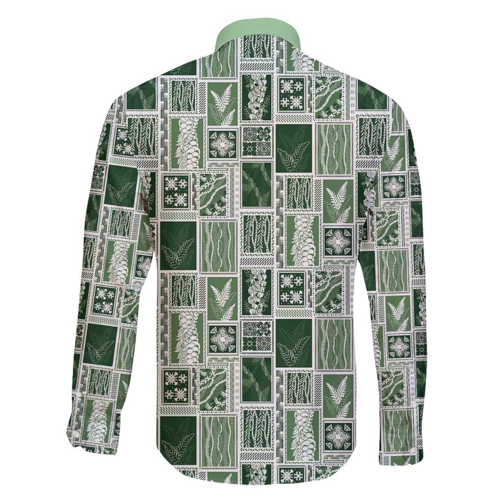 Vintage Aloha Block Quilt Family Matching Off Shoulder Short Dress and Hawaiian Shirt Green Inspired Lei Motifs - Polynesian Pride