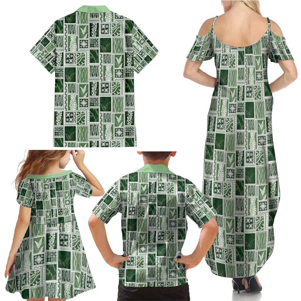 Vintage Aloha Block Quilt Family Matching Summer Maxi Dress and Hawaiian Shirt Green Inspired Lei Motifs - Polynesian Pride
