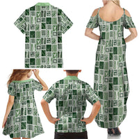 Vintage Aloha Block Quilt Family Matching Summer Maxi Dress and Hawaiian Shirt Green Inspired Lei Motifs - Polynesian Pride