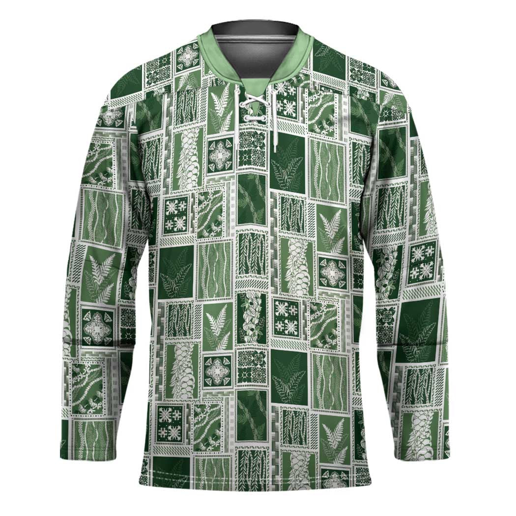 Vintage Aloha Block Quilt Hockey Jersey Green Inspired Lei Motifs - Polynesian Pride
