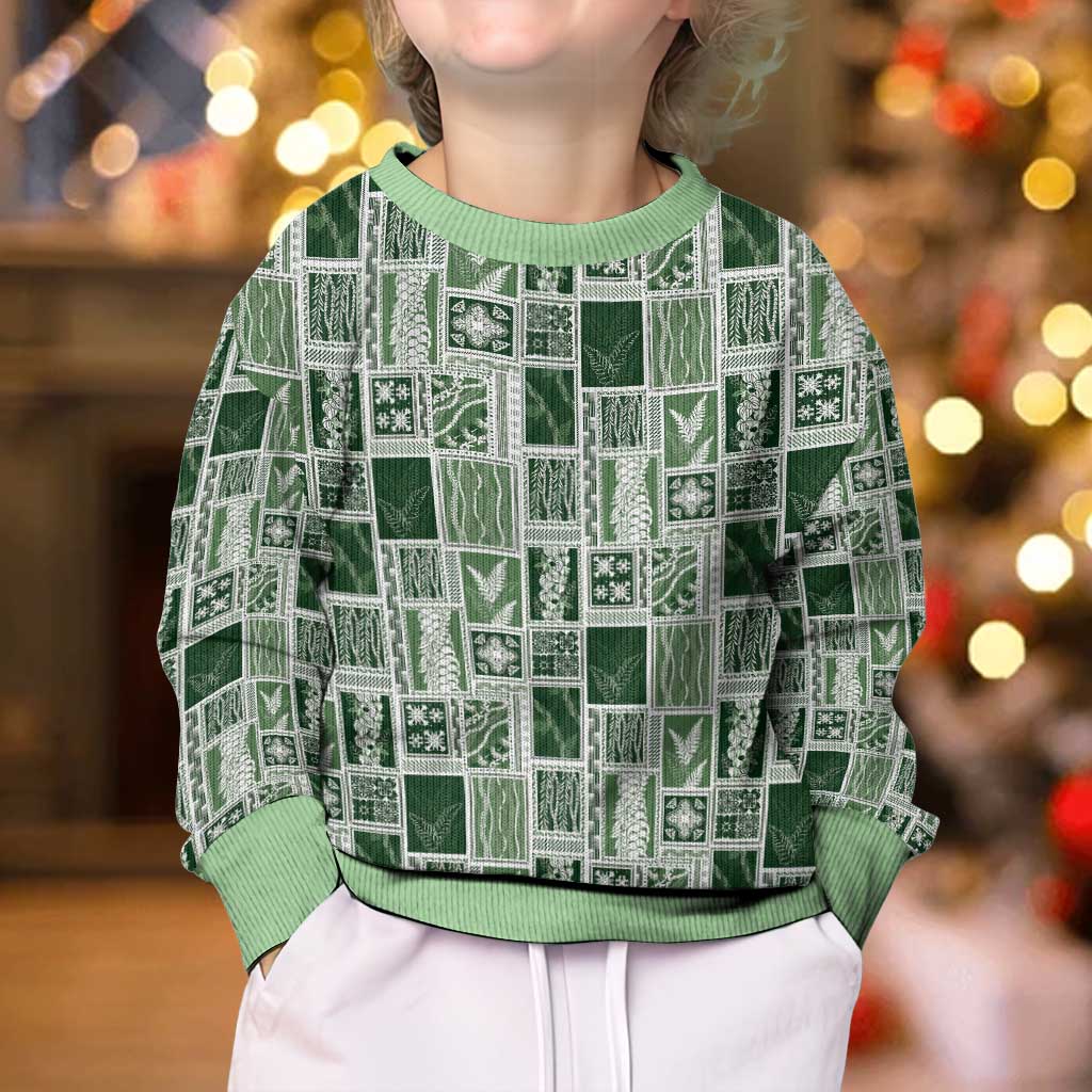 Vintage Aloha Block Quilt Kid Ugly Christmas Sweater Green Inspired Lei Motifs - Polynesian Pride