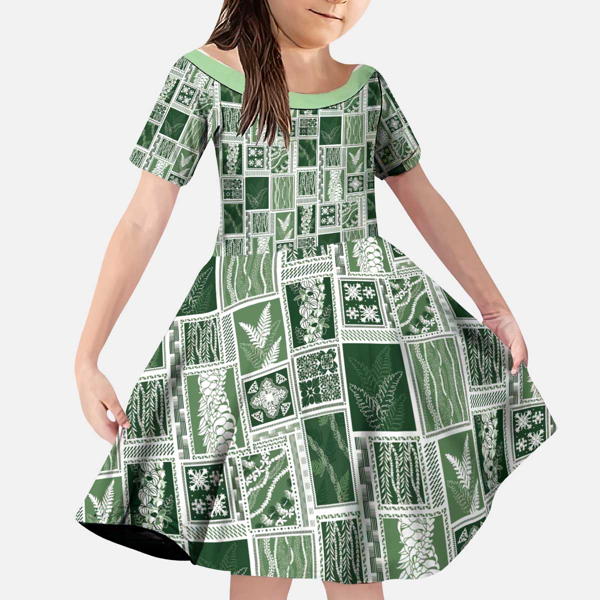 Vintage Aloha Block Quilt Kid Short Sleeve Dress Green Inspired Lei Motifs - Polynesian Pride