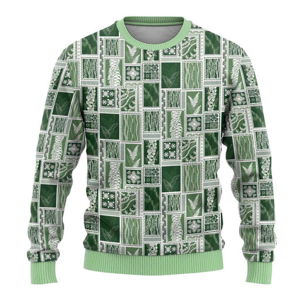 Vintage Aloha Block Quilt Ugly Christmas Sweater Green Inspired Lei Motifs - Polynesian Pride