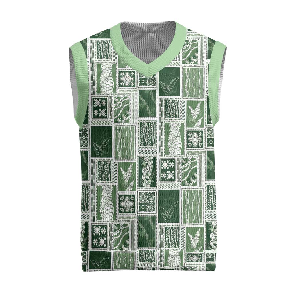 Vintage Aloha Block Quilt Christmas Knitted V-Neck Vest Green Inspired Lei Motifs - Polynesian Pride