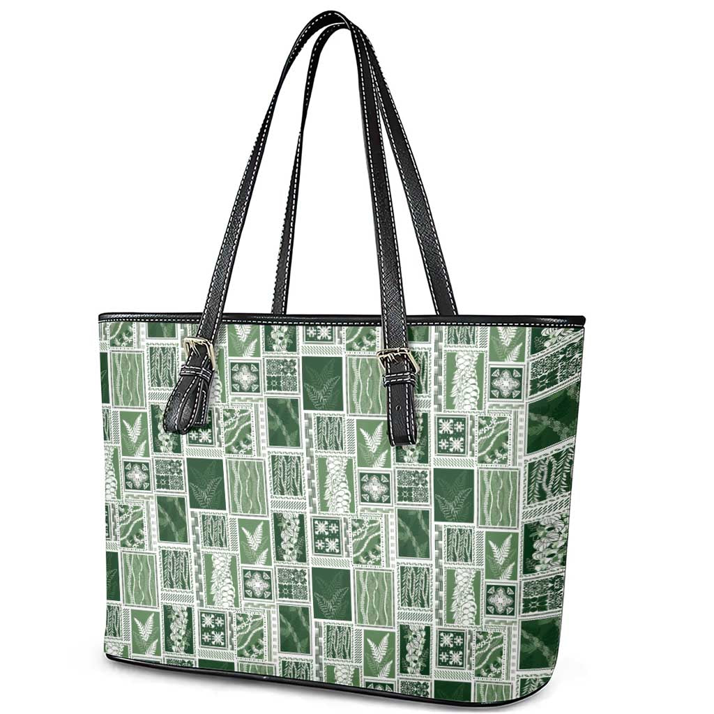 Vintage Aloha Block Quilt Leather Tote Bag Green Inspired Lei Motifs - Polynesian Pride
