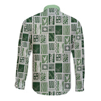 Vintage Aloha Block Quilt Long Sleeve Button Shirt Green Inspired Lei Motifs - Polynesian Pride