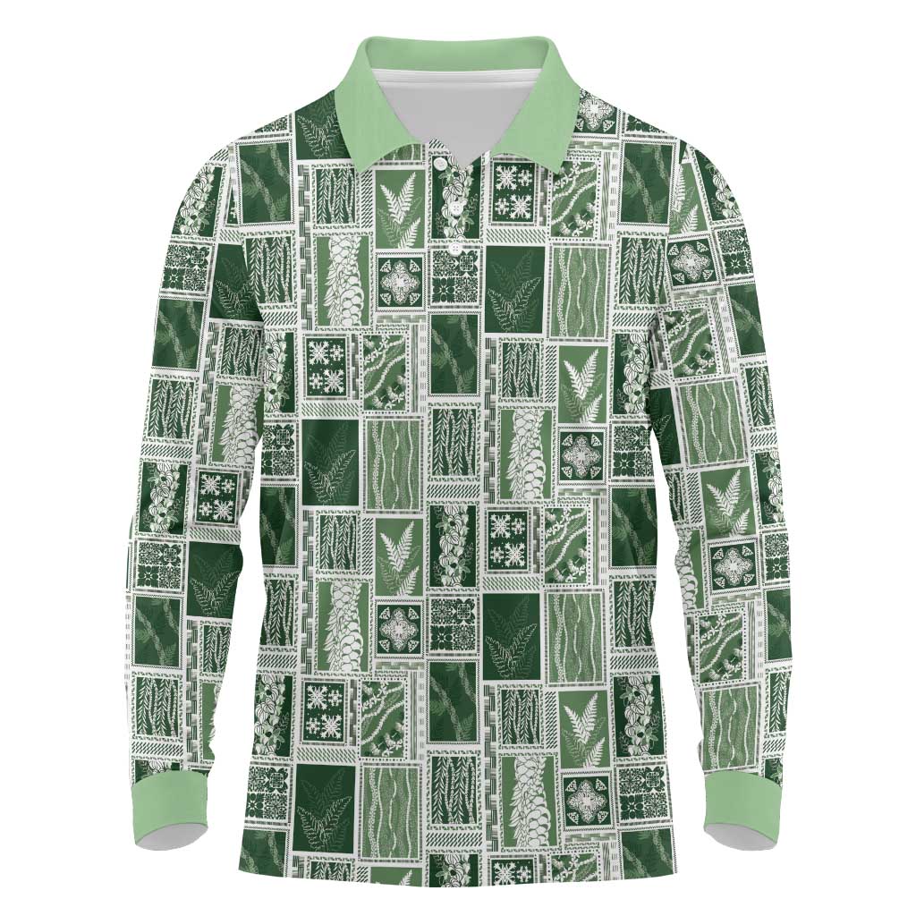 Vintage Aloha Block Quilt Long Sleeve Polo Shirt Green Inspired Lei Motifs - Polynesian Pride