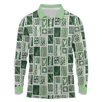 Vintage Aloha Block Quilt Long Sleeve Polo Shirt Green Inspired Lei Motifs - Polynesian Pride