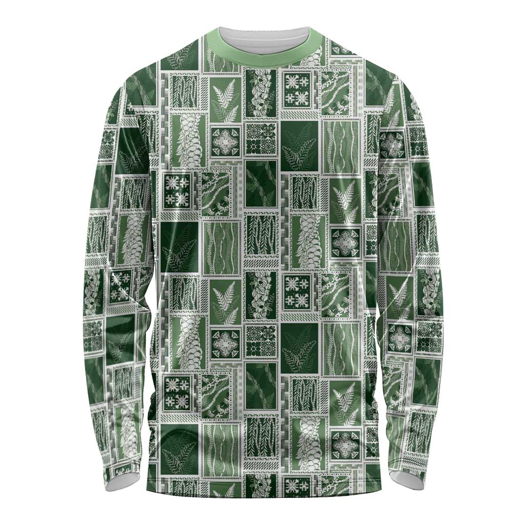 Vintage Aloha Block Quilt Long Sleeve Shirt Green Inspired Lei Motifs - Polynesian Pride