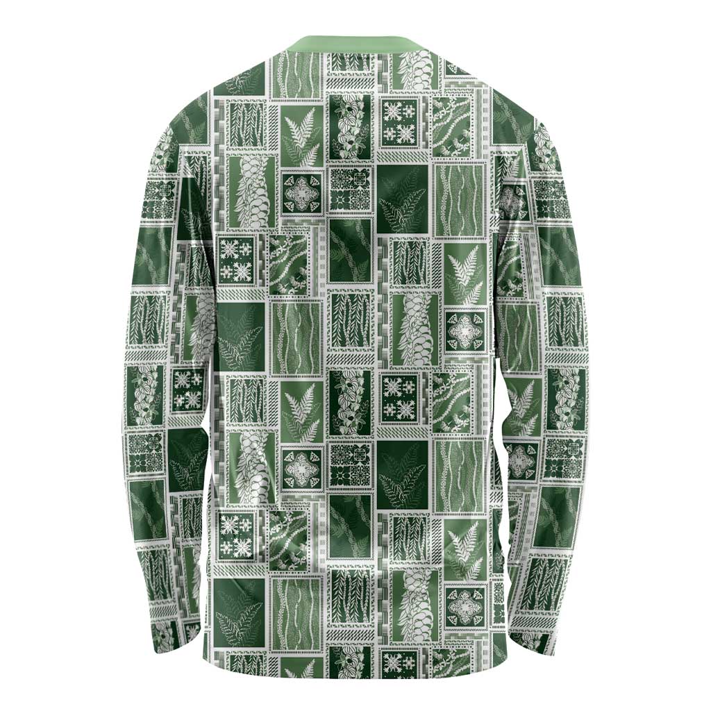 Vintage Aloha Block Quilt Long Sleeve Shirt Green Inspired Lei Motifs - Polynesian Pride
