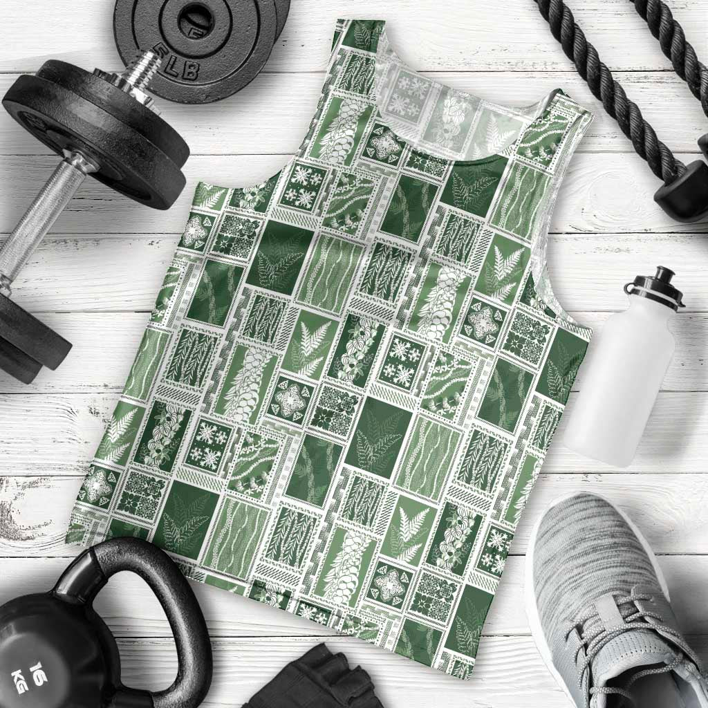 Vintage Aloha Block Quilt Men Tank Top Green Inspired Lei Motifs - Polynesian Pride
