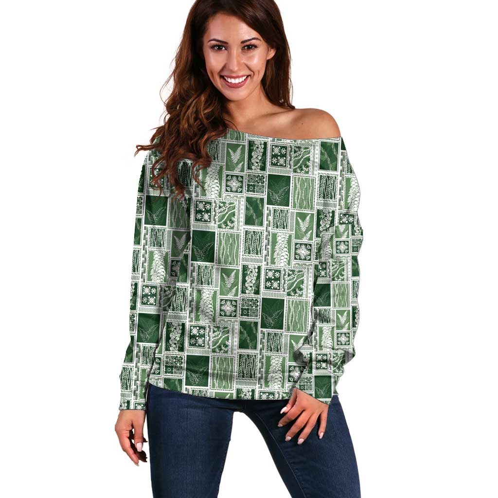 Vintage Aloha Block Quilt Off Shoulder Sweater Green Inspired Lei Motifs - Polynesian Pride