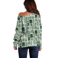 Vintage Aloha Block Quilt Off Shoulder Sweater Green Inspired Lei Motifs - Polynesian Pride