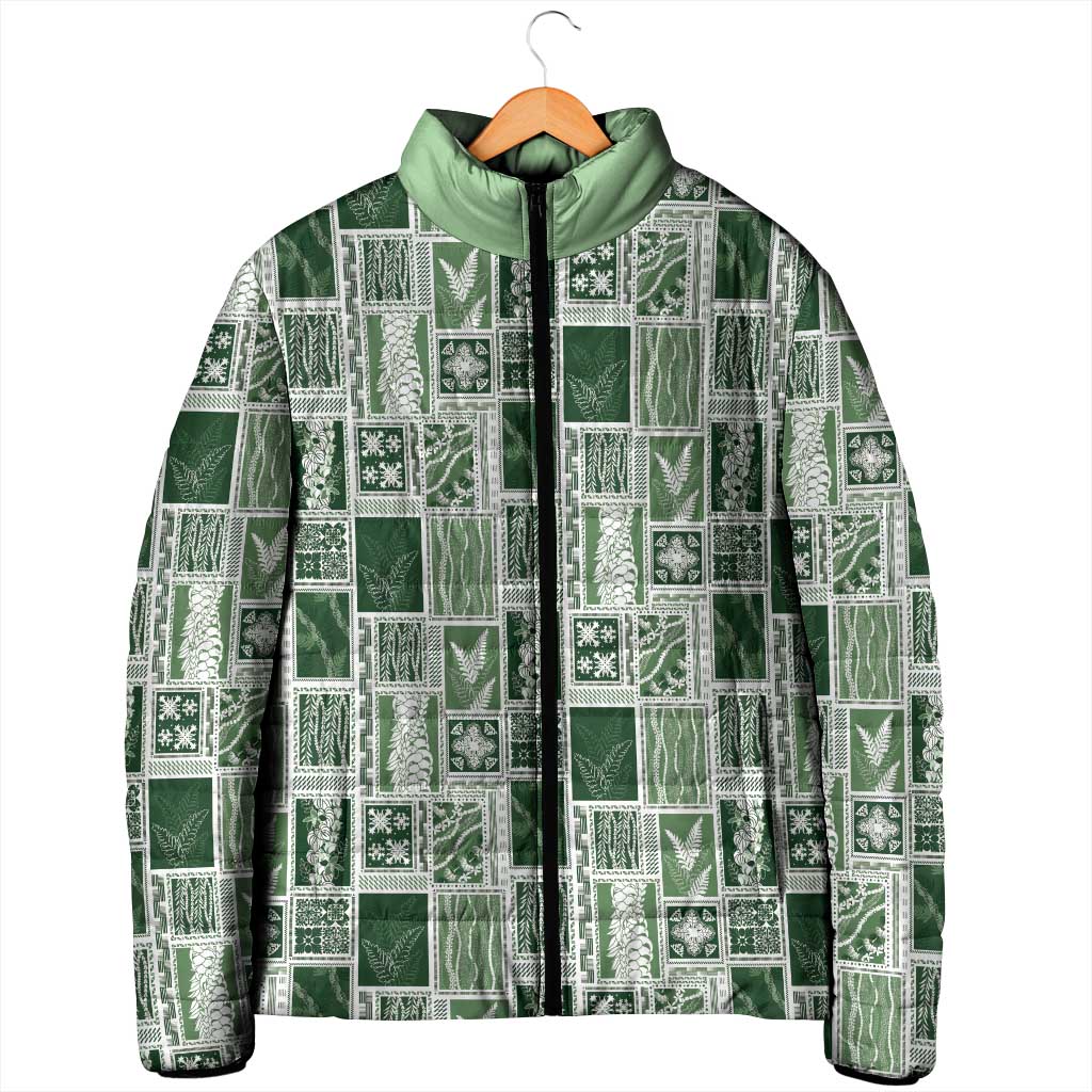 Vintage Aloha Block Quilt Padded Jacket Green Inspired Lei Motifs - Polynesian Pride