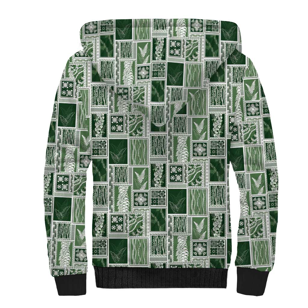 Vintage Aloha Block Quilt Sherpa Hoodie Green Inspired Lei Motifs - Polynesian Pride