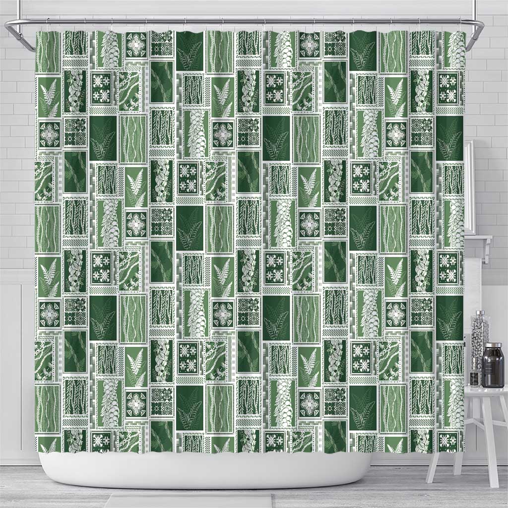 Vintage Aloha Block Quilt Shower Curtain Green Inspired Lei Motifs - Polynesian Pride