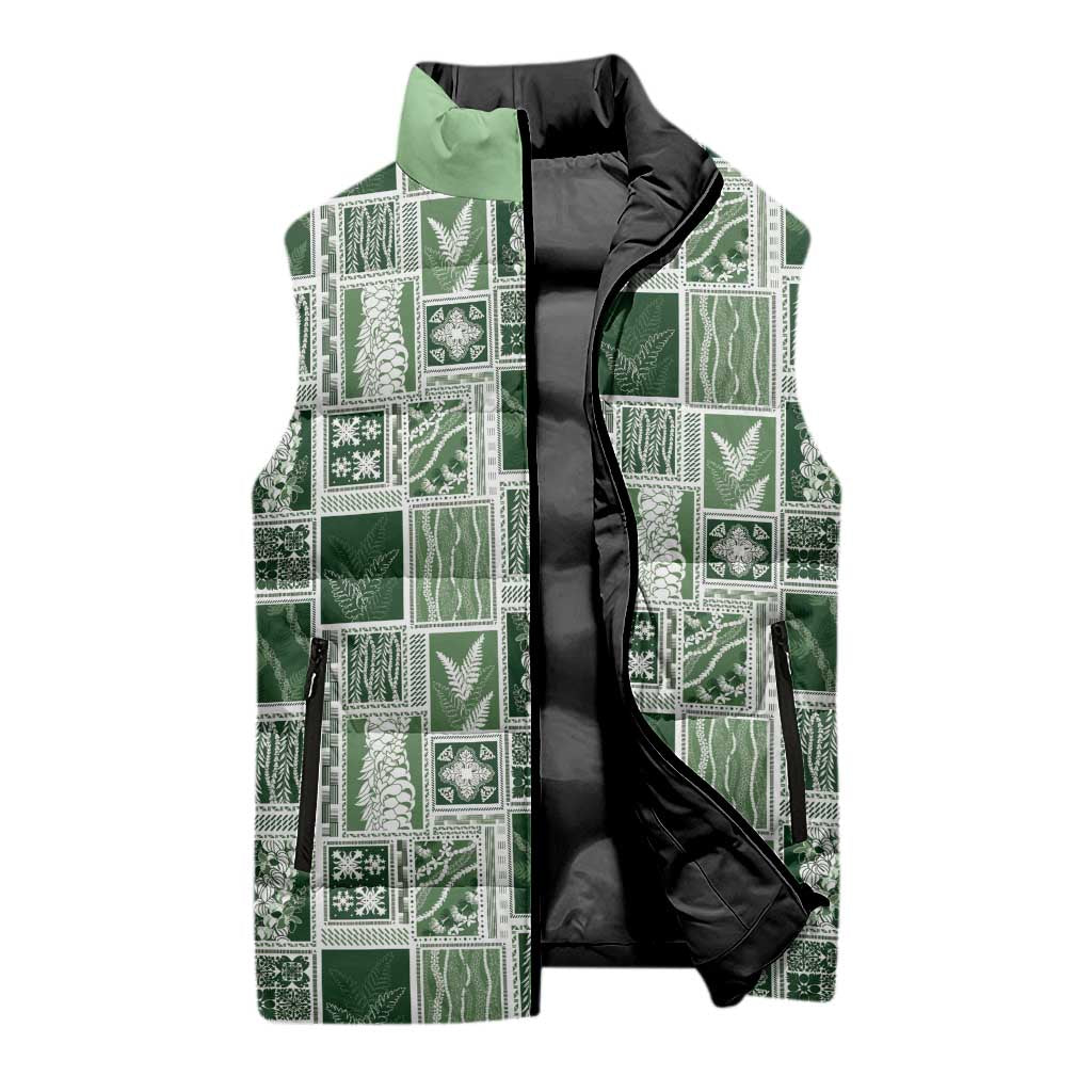 Vintage Aloha Block Quilt Sleeveless Puffer Jacket Green Inspired Lei Motifs - Polynesian Pride