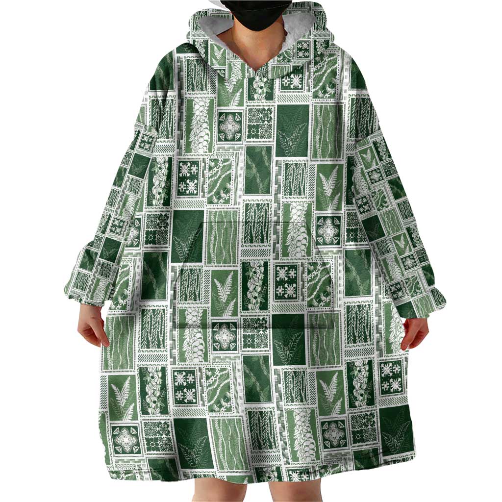 Vintage Aloha Block Quilt Wearable Blanket Hoodie Green Inspired Lei Motifs - Polynesian Pride