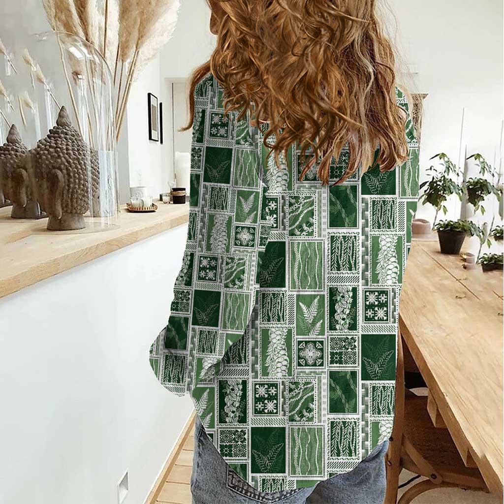 Vintage Aloha Block Quilt Women Casual Shirt Green Inspired Lei Motifs - Polynesian Pride