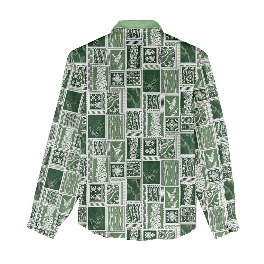 Vintage Aloha Block Quilt Women Casual Shirt Green Inspired Lei Motifs - Polynesian Pride