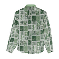Vintage Aloha Block Quilt Women Casual Shirt Green Inspired Lei Motifs - Polynesian Pride