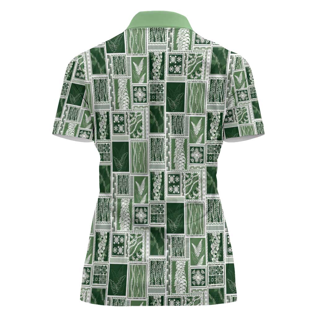 Vintage Aloha Block Quilt Women Polo Shirt Green Inspired Lei Motifs - Polynesian Pride