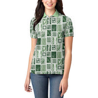 Vintage Aloha Block Quilt Women Polo Shirt Green Inspired Lei Motifs - Polynesian Pride