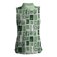 Vintage Aloha Block Quilt Women Sleeveless Polo Shirt Green Inspired Lei Motifs - Polynesian Pride