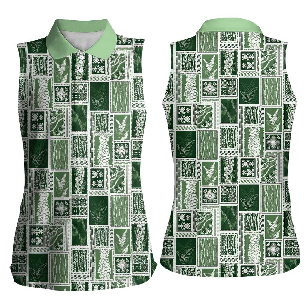 Vintage Aloha Block Quilt Women Sleeveless Polo Shirt Green Inspired Lei Motifs - Polynesian Pride