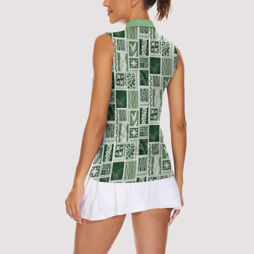 Vintage Aloha Block Quilt Women Sleeveless Polo Shirt Green Inspired Lei Motifs - Polynesian Pride