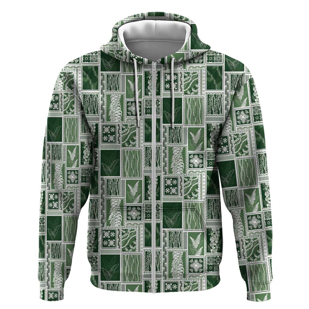 Vintage Aloha Block Quilt Zip Hoodie Green Inspired Lei Motifs - Polynesian Pride