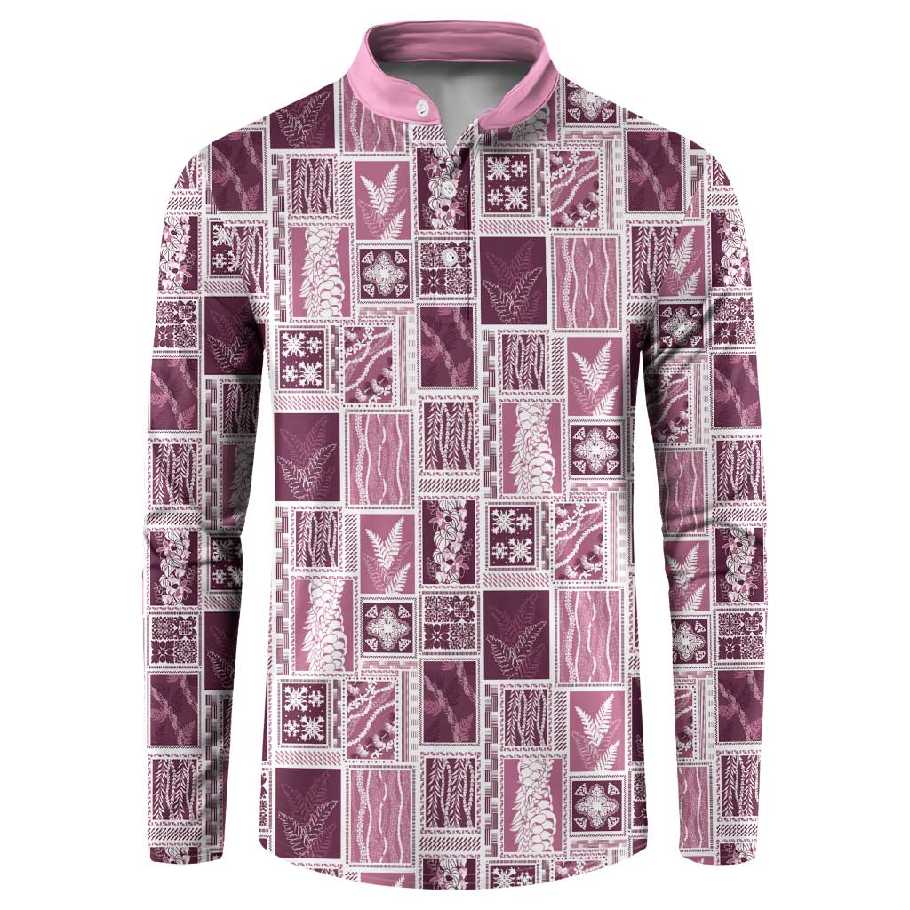 Vintage Aloha Block Quilt Button Sweatshirt Pink Inspired Lei Motifs - Polynesian Pride