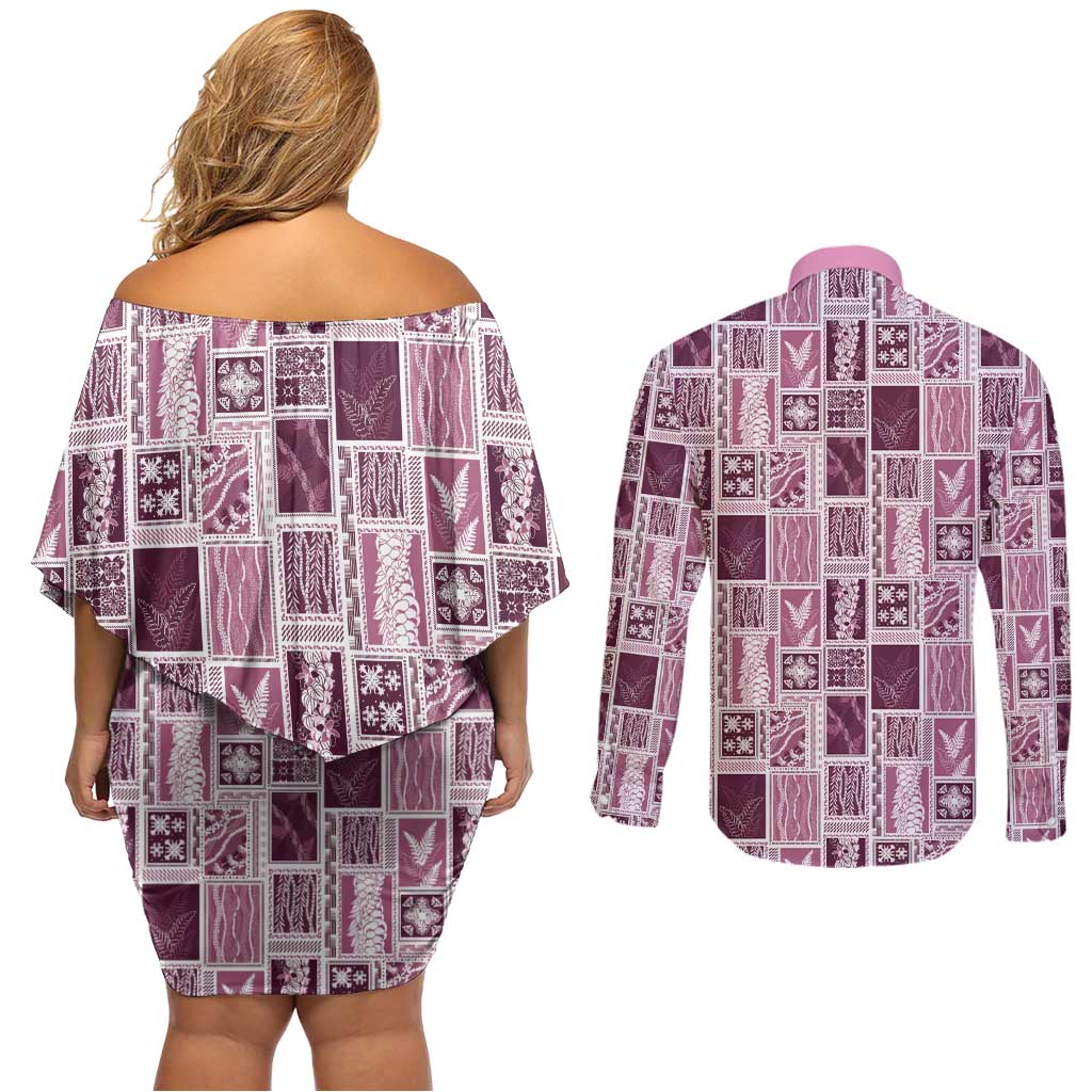 Vintage Aloha Block Quilt Couples Matching Off Shoulder Short Dress and Long Sleeve Button Shirt Pink Inspired Lei Motifs - Polynesian Pride