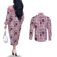 Vintage Aloha Block Quilt Couples Matching Off The Shoulder Long Sleeve Dress and Long Sleeve Button Shirt Pink Inspired Lei Motifs - Polynesian Pride